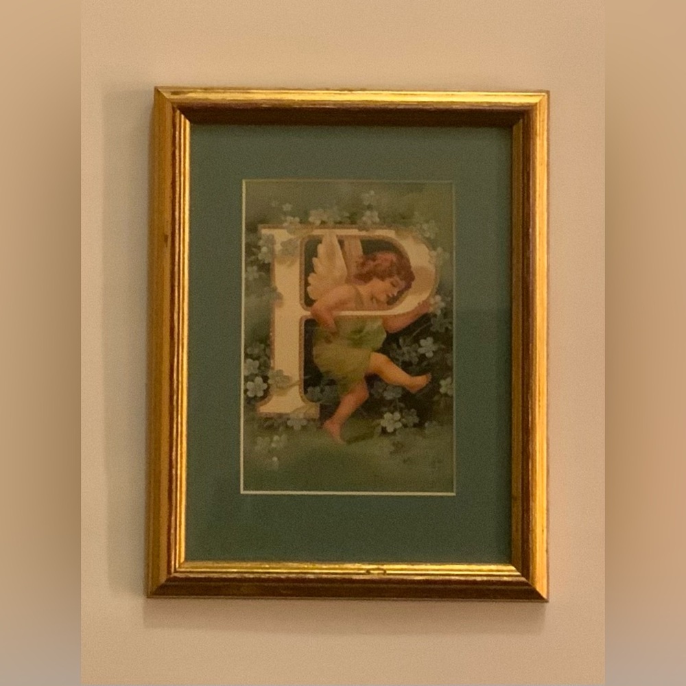 Framed Cherub Alphabet Art - Gold Frame, Teal Mat